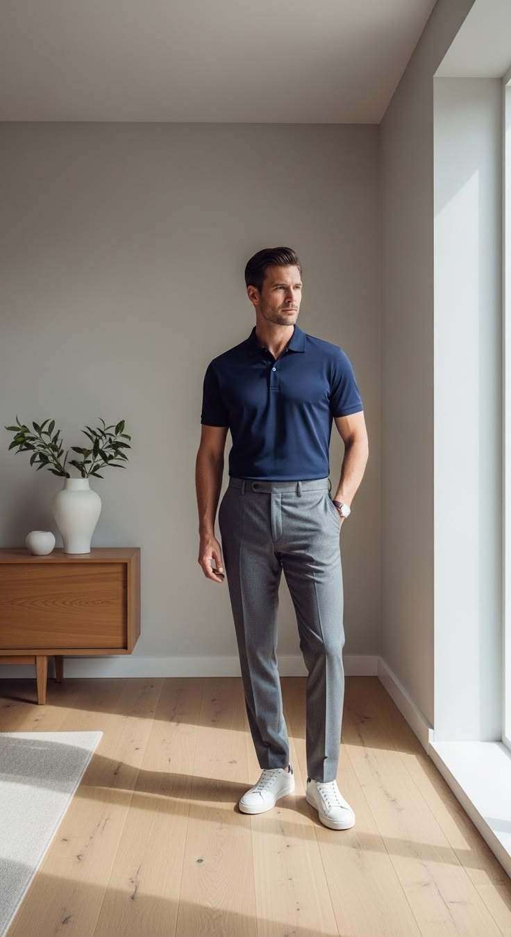 Stylish Men’s Business Casual Look: Navy Polo, Grey Pants, White Sneakers